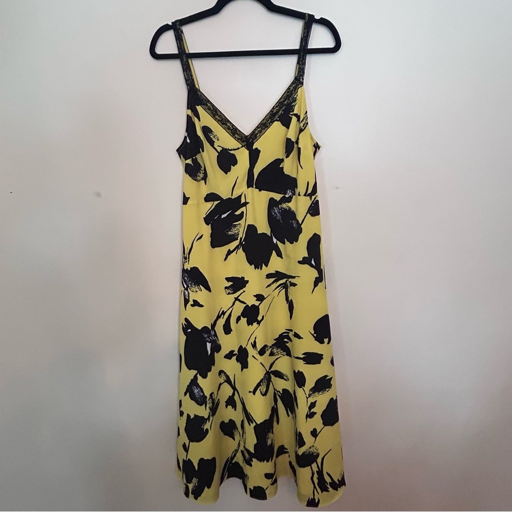 Jason Wu Womens Dress Sz 10 Yellow Black Floral Sleeveless V Neck Lace Trim Midi